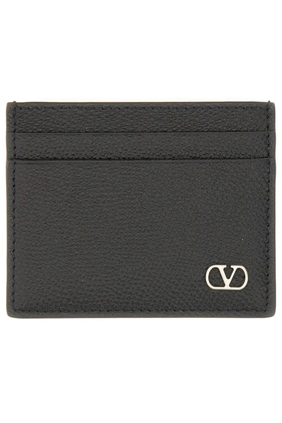Valentino men’s black leather card holder with textured finish and silver-tone vlogo emblem