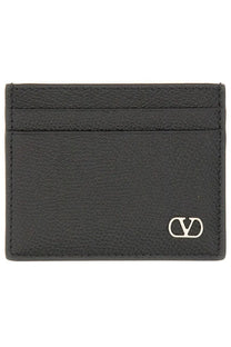 Valentino men’s black leather card holder with textured finish and silver-tone vlogo emblem