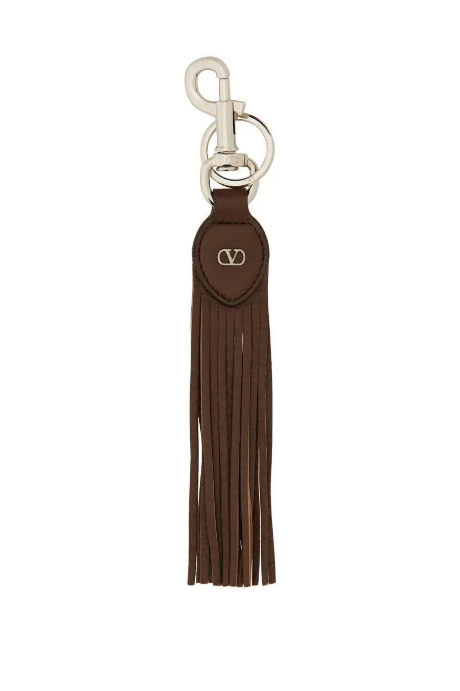 Valentino men’s vlogo signature keychain in brown leather with tassel and silver-tone metal clasp embossed logo