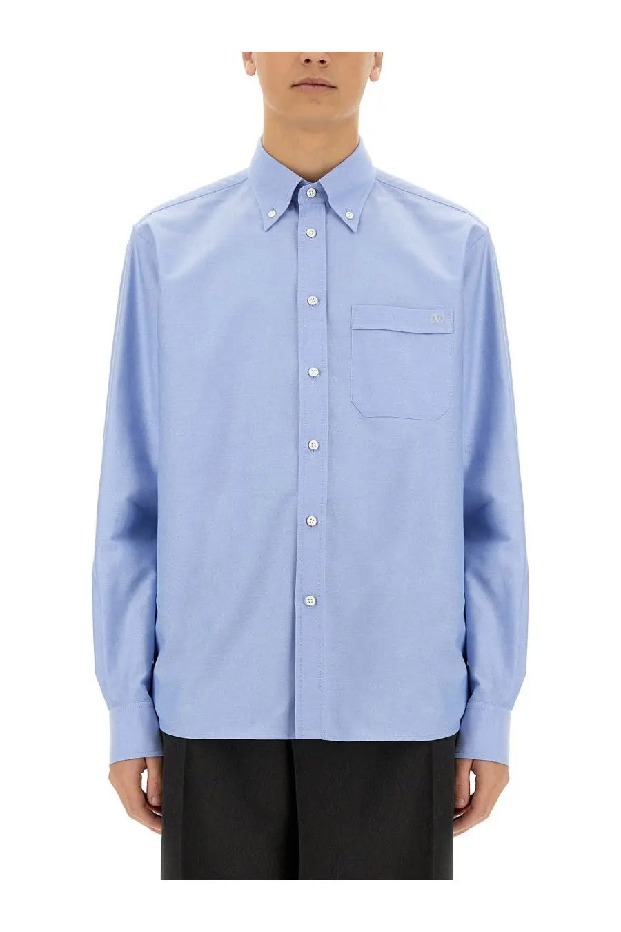 Valentino men’s vlogo signature light blue button-down shirt with subtle texture and white buttons