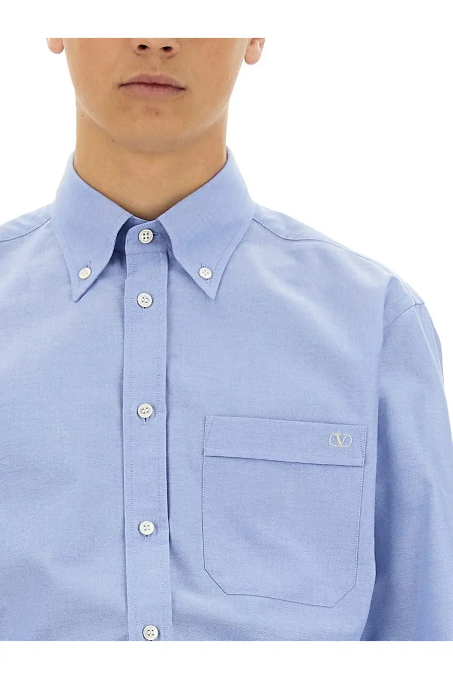Valentino men’s vlogo signature light blue button-down shirt with subtle texture white buttons and chest pocket logo