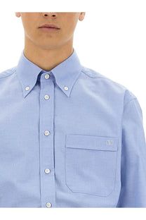 Valentino men’s vlogo signature light blue button-down shirt with subtle texture white buttons and chest pocket logo