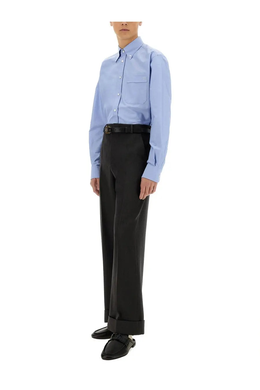 Valentino men’s vlogo signature light blue long-sleeved button-down shirt with chest pocket and crisp fabric