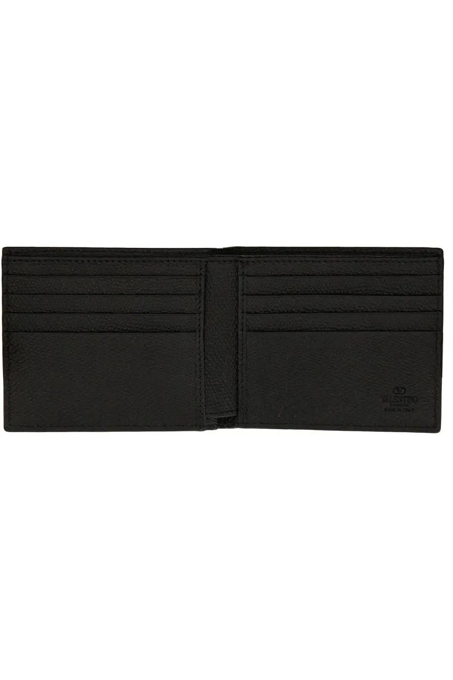 Black leather Valentino men’s vlogo signature bi-fold wallet with multiple card slots and central divider