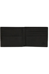 Black leather Valentino men’s vlogo signature bi-fold wallet with multiple card slots and central divider