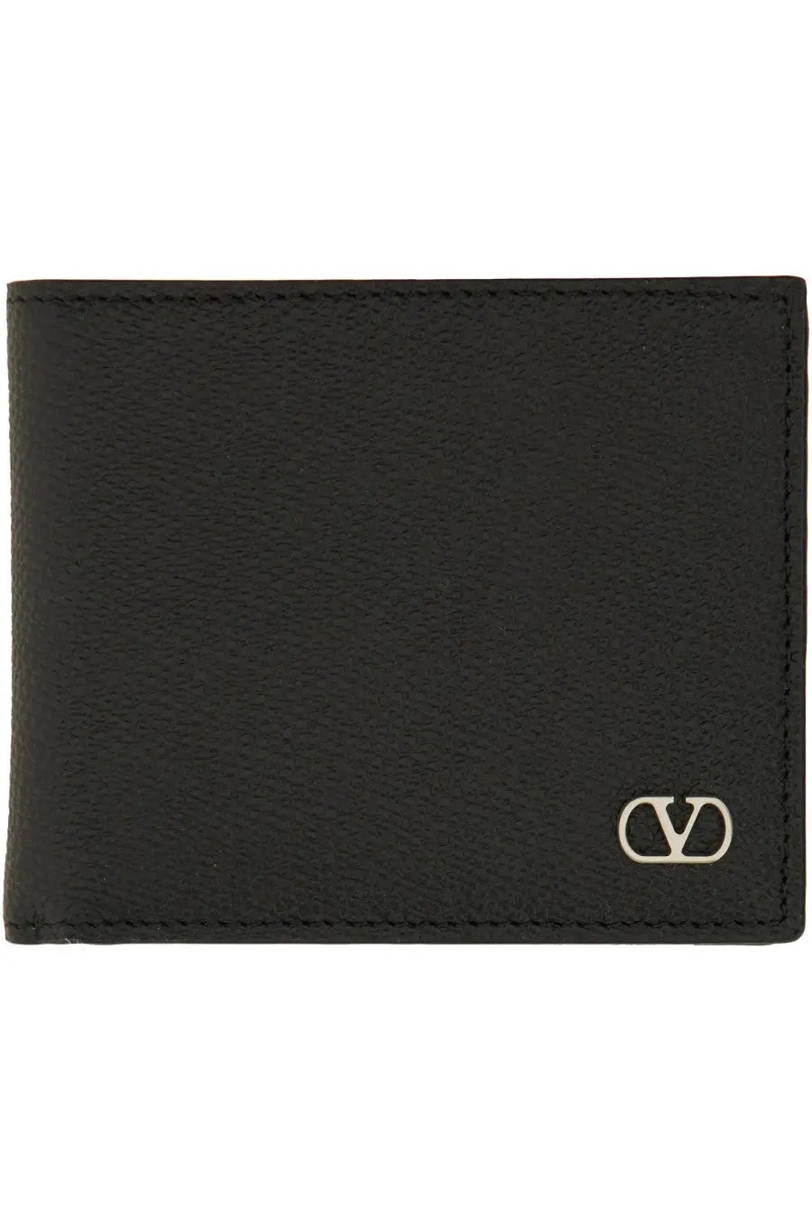 Valentino men’s black leather wallet featuring a silver-toned vlogo emblem on the lower right corner