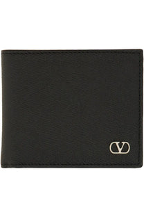 Valentino men’s black leather wallet featuring a silver-toned vlogo emblem on the lower right corner