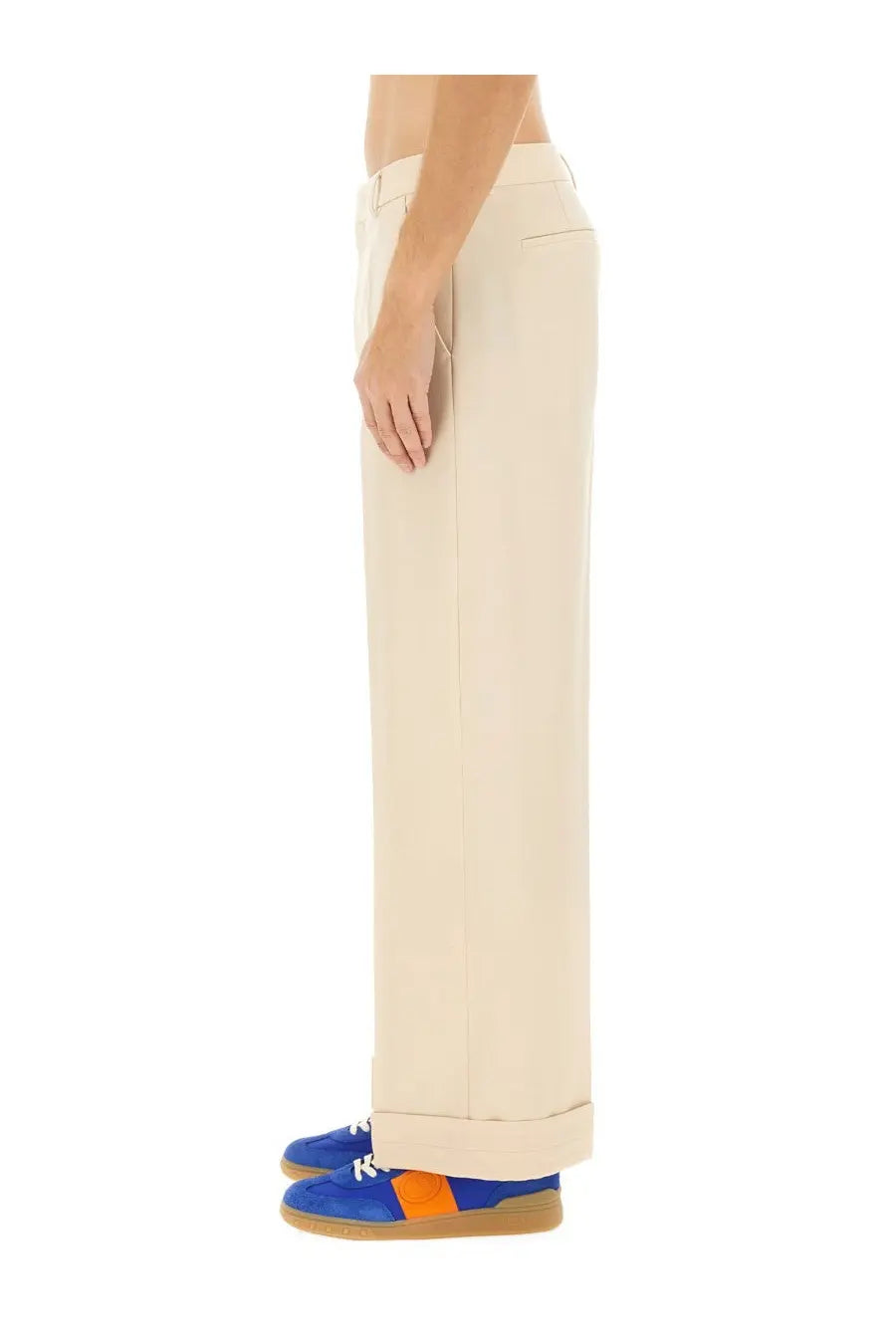 Valentino men’s beige wool pants with cream-colored wide-leg tailored cut and rolled cuffs