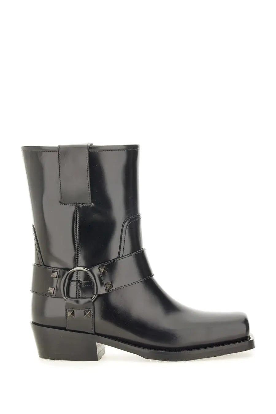 Valentino women’s black patent leather ankle boot with square toe low block heel and decorative rockstud buckle strap