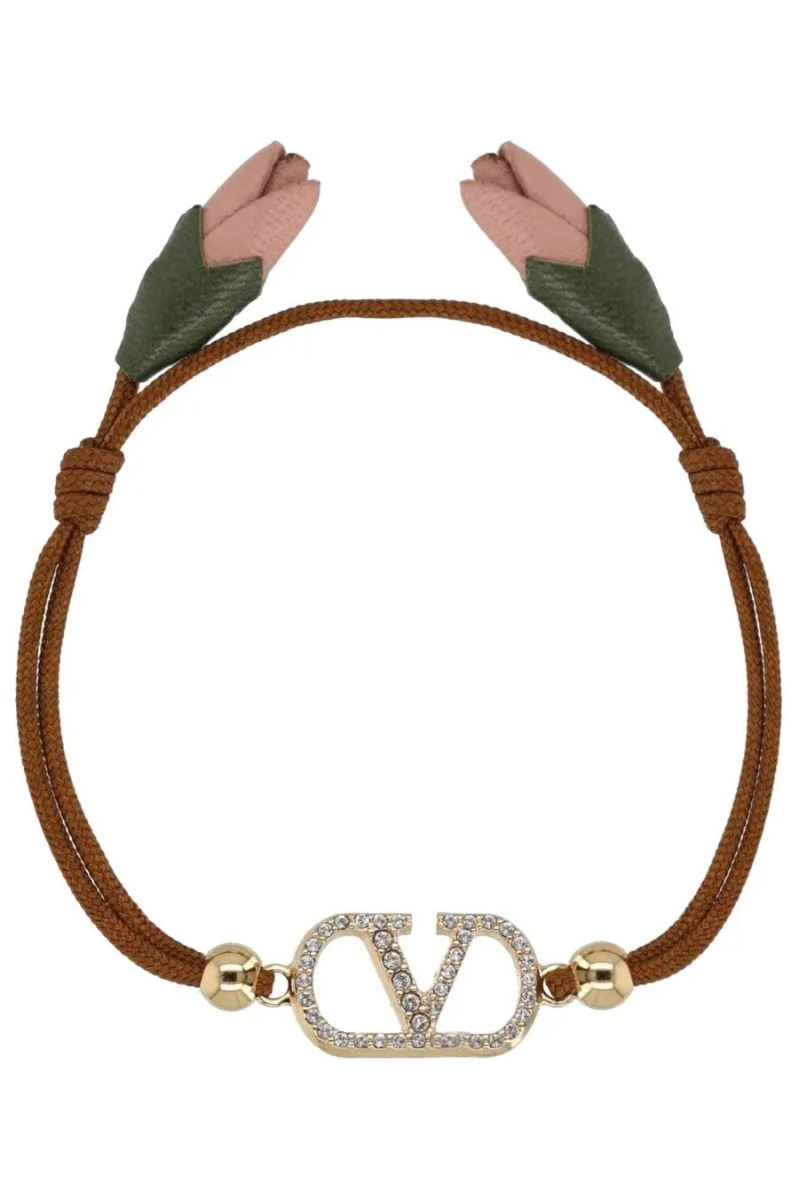 Valentino women’s bracciale vlogo signature brown cord bracelet with gold-tone crystal vlogo charm and pink leather tulips