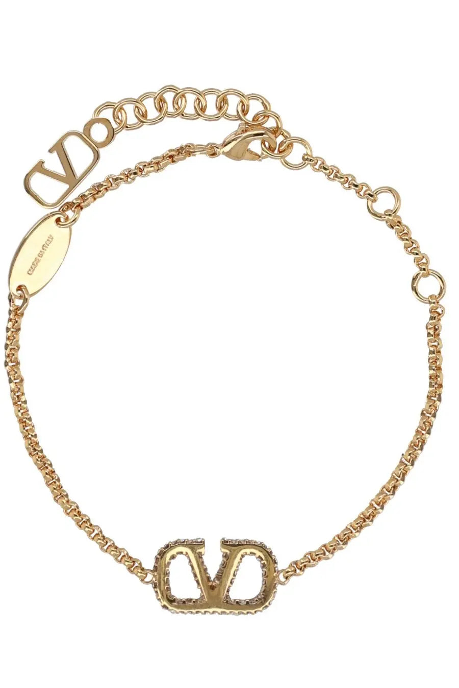 Valentino women’s gold-tone chain bracelet with vlogo charm embedded stones and oval tag engraved vltn