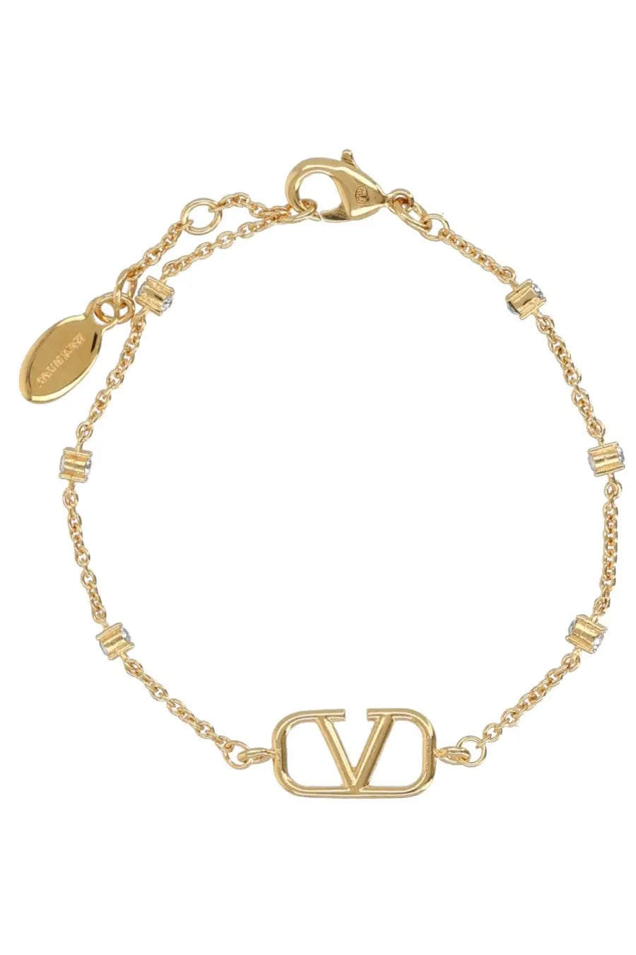 Gold-tone chain bracelet with central vlogo charm and small rectangular crystal accents by Valentino women