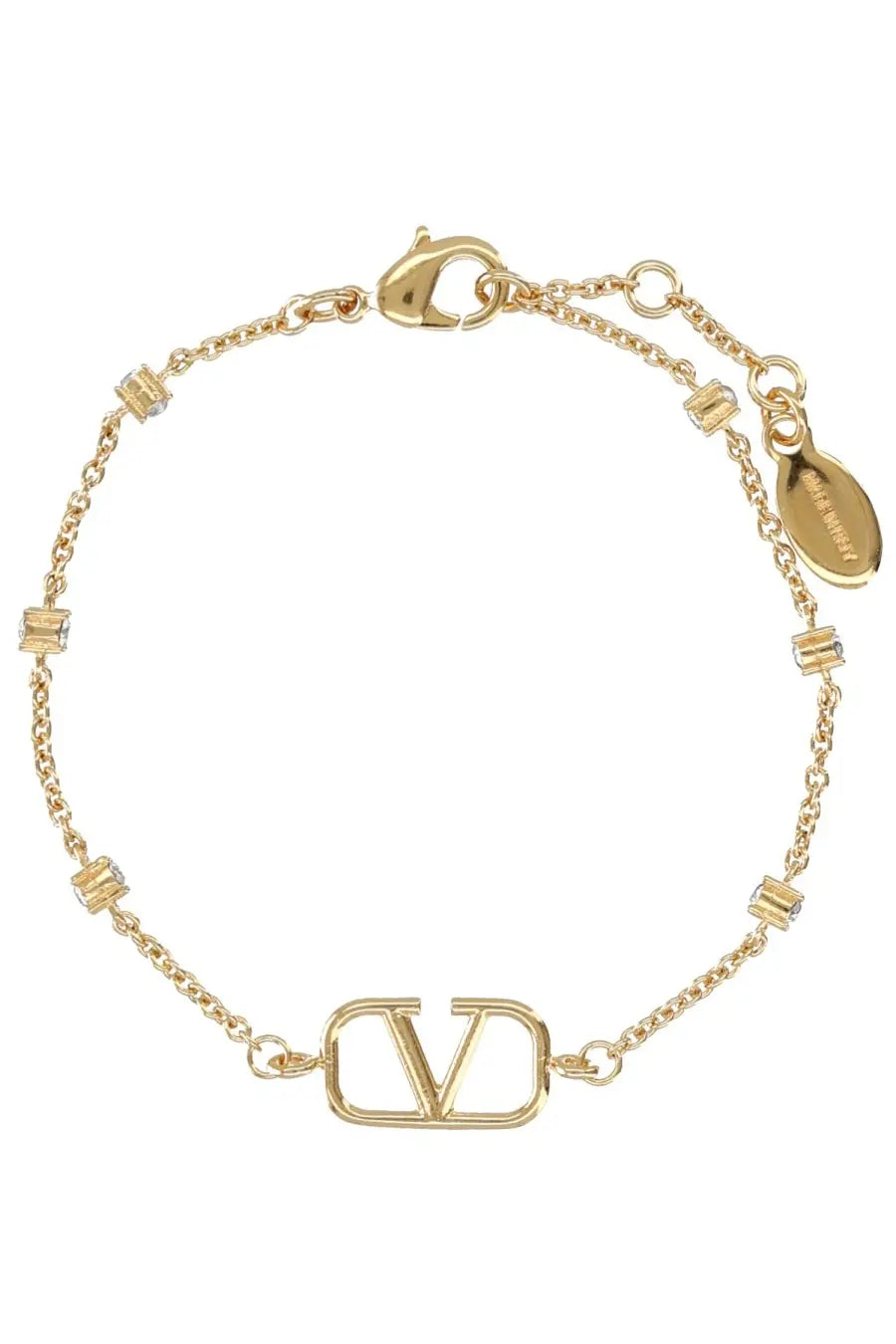 Valentino women’s gold-tone chain bracelet with vlogo emblem and stone-embedded small rectangular links