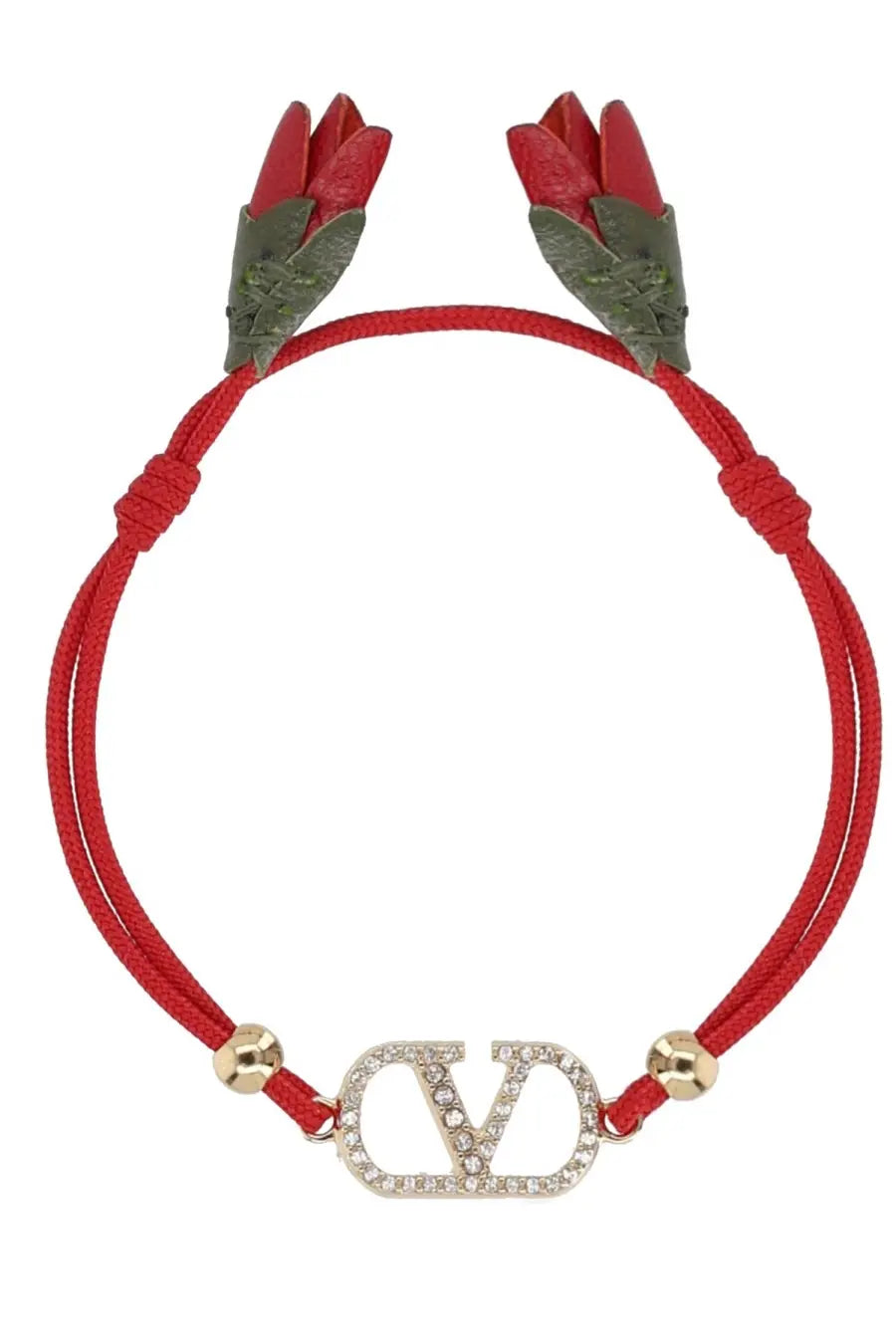 Valentino women’s red cord bracelet with gold-tone vlogo charm encrusted with crystals and red leather tulip charms