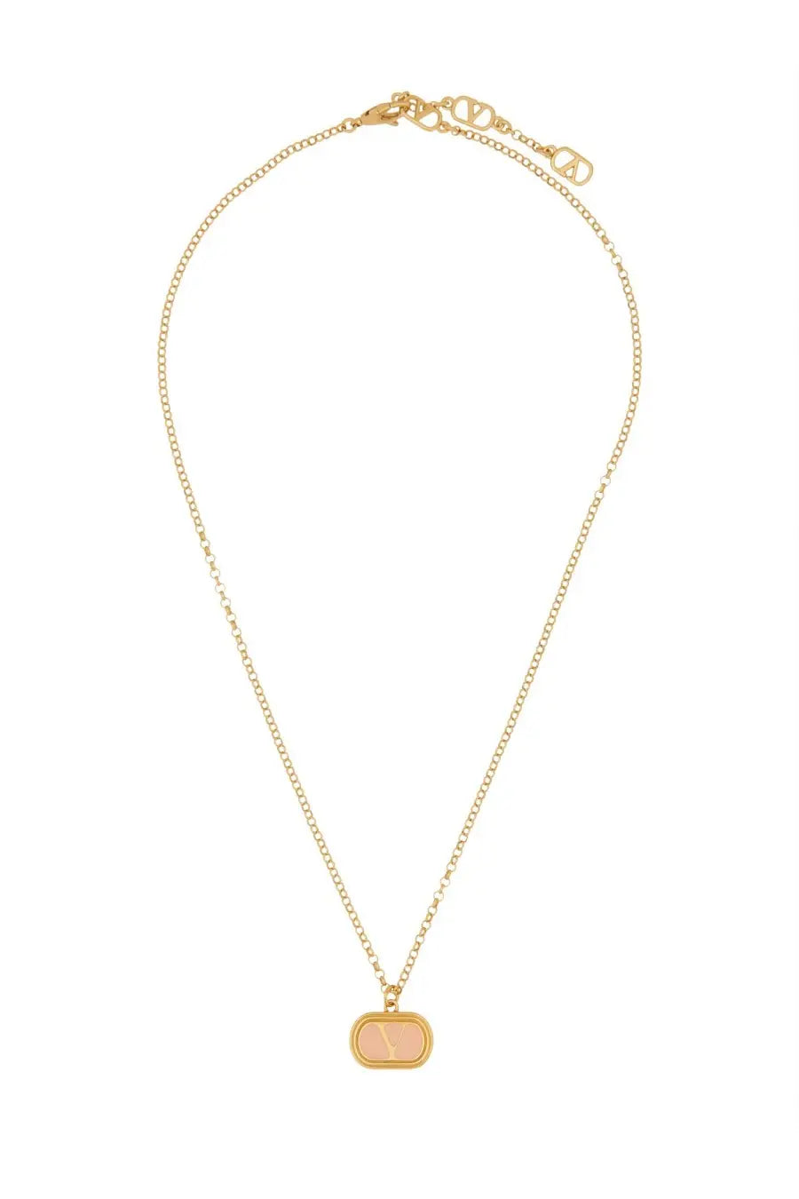 Valentino women’s gold-toned brass and enamel chain necklace with rectangular peach pendant and vertical line detail