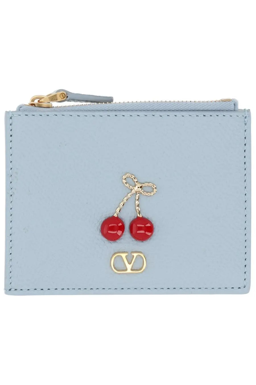 Light blue leather Valentino women’s card case with red cherry embellishments and gold-tone logo detail
