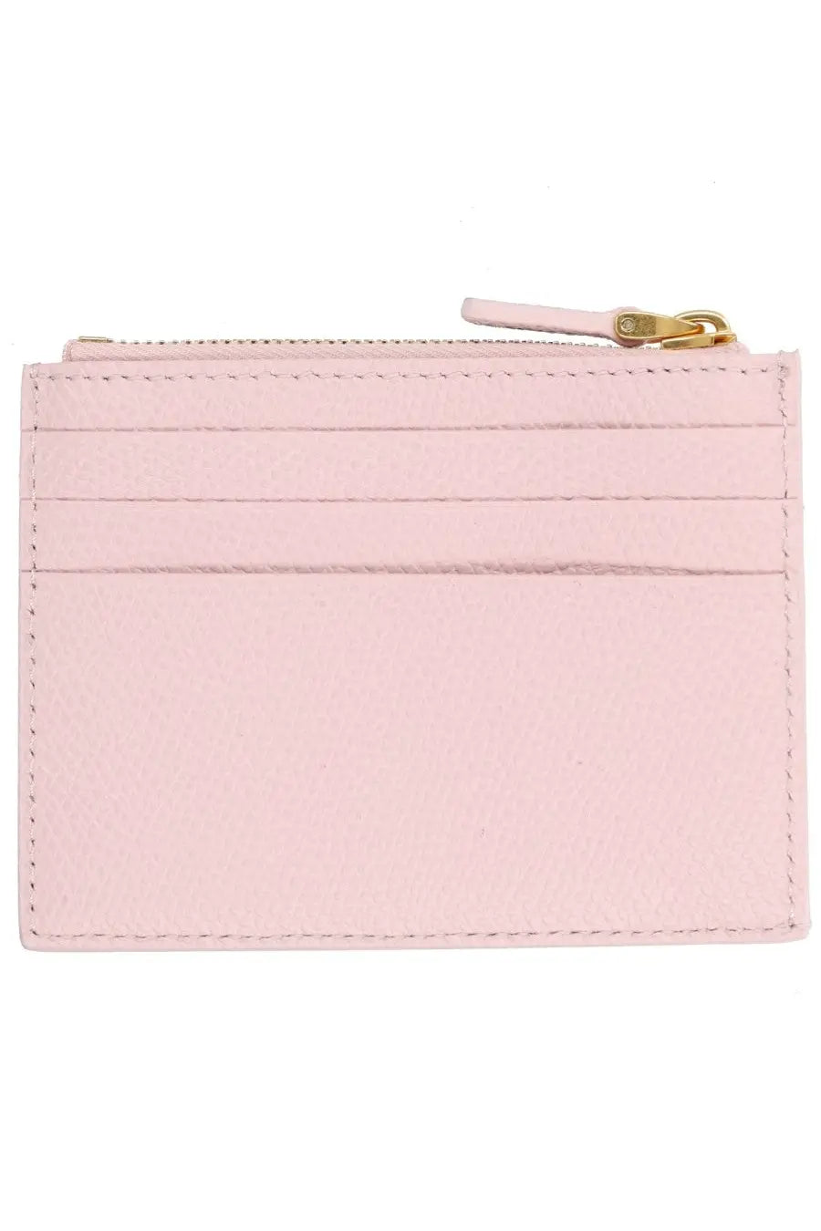 Valentino women’s cherryfic pale pink leather card holder with gold zipper pull and stitched horizontal slots