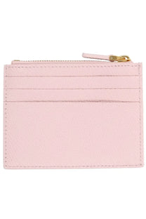 Valentino women’s cherryfic pale pink leather card holder with gold zipper pull and stitched horizontal slots