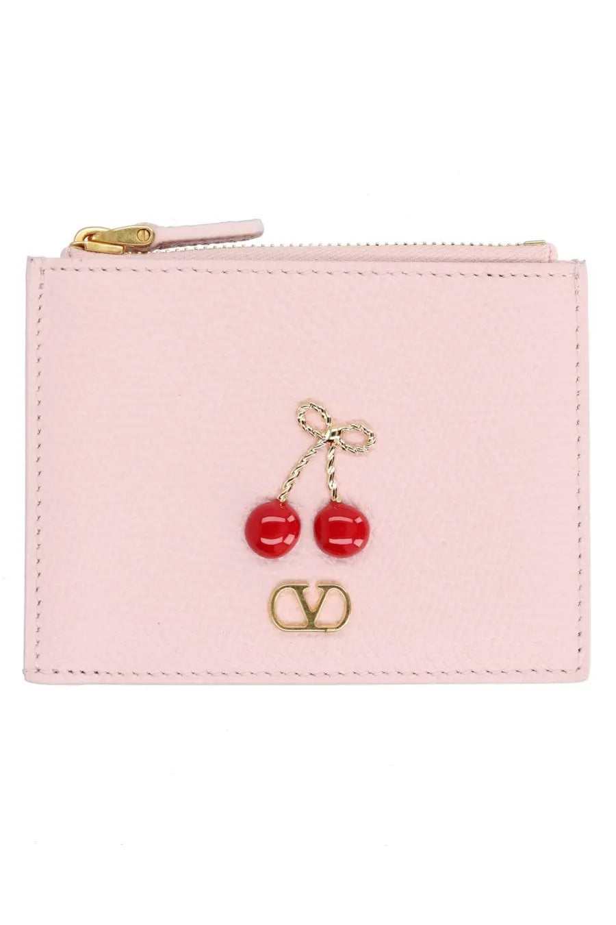 Valentino women’s cherryfic pink leather card case with red cherry embellishment and gold tone logo
