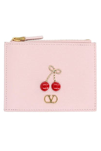 Valentino women’s cherryfic pink leather card case with red cherry embellishment and gold tone logo