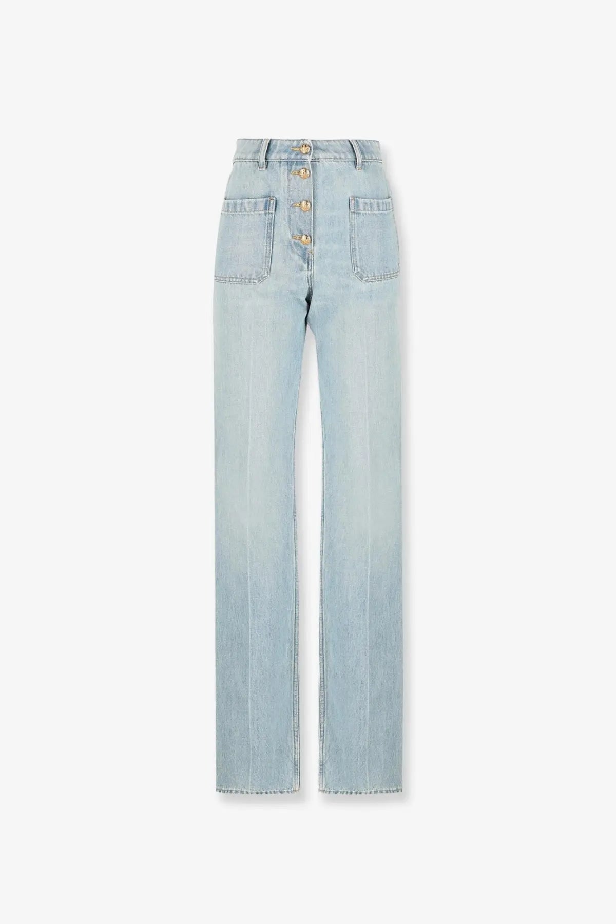 Light-wash cotton Valentino women’s Chez Valentino high-rise jeans with front button closure in blue
