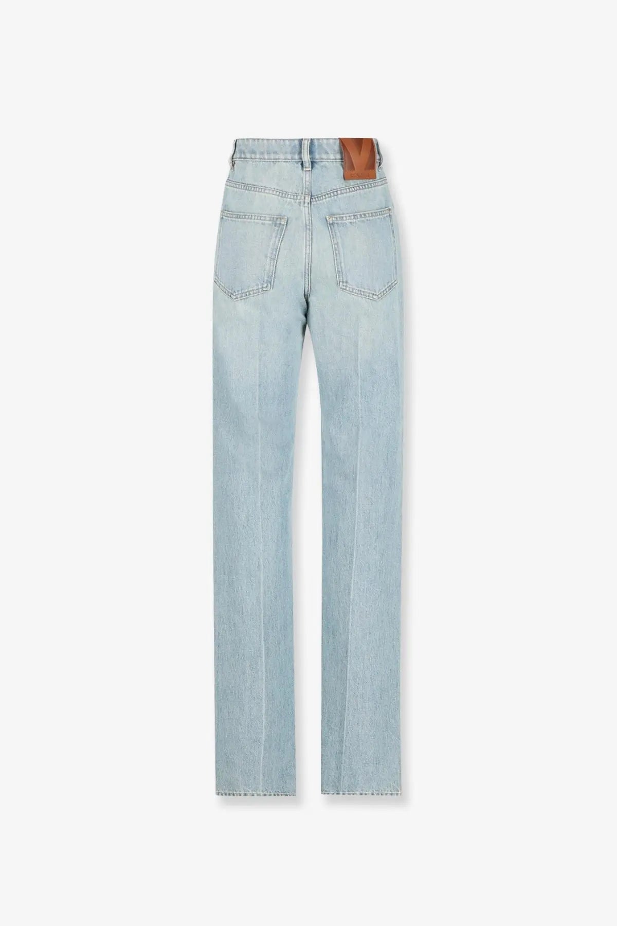 Light-wash cotton denim jeans for women with straight-leg cut and brown leather brand patch on waistband by Valentino