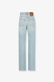 Valentino women’s chez valentino light-wash cotton denim jeans with straight-leg cut and brown leather waistband patch