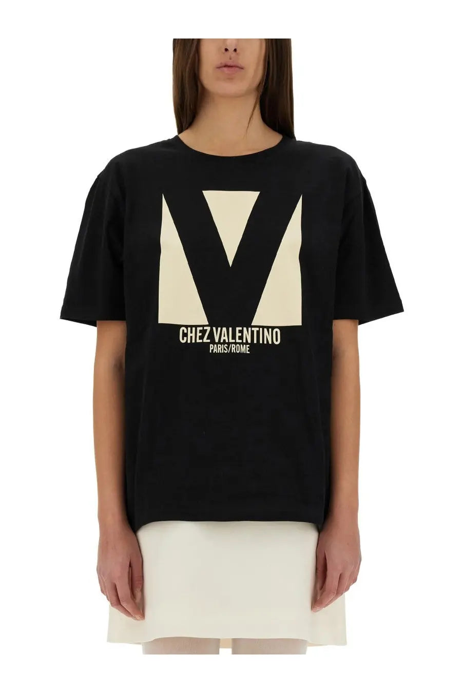 Valentino women’s black short-sleeved shirt with cream geometric v logo and chez valentino paris rome print