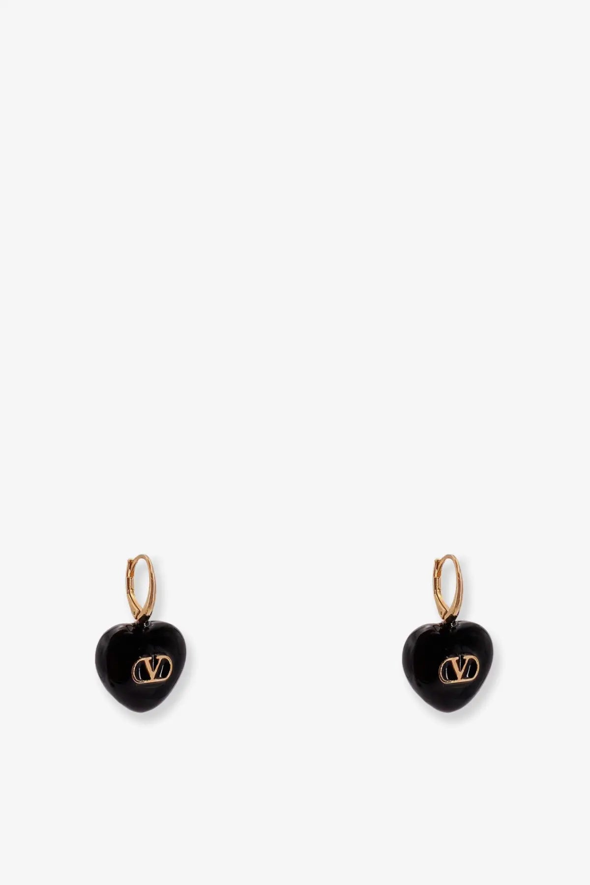 Valentino women’s coeur royal metal earrings black heart shaped with gold-tone v logo and glossy finish with hook clasps