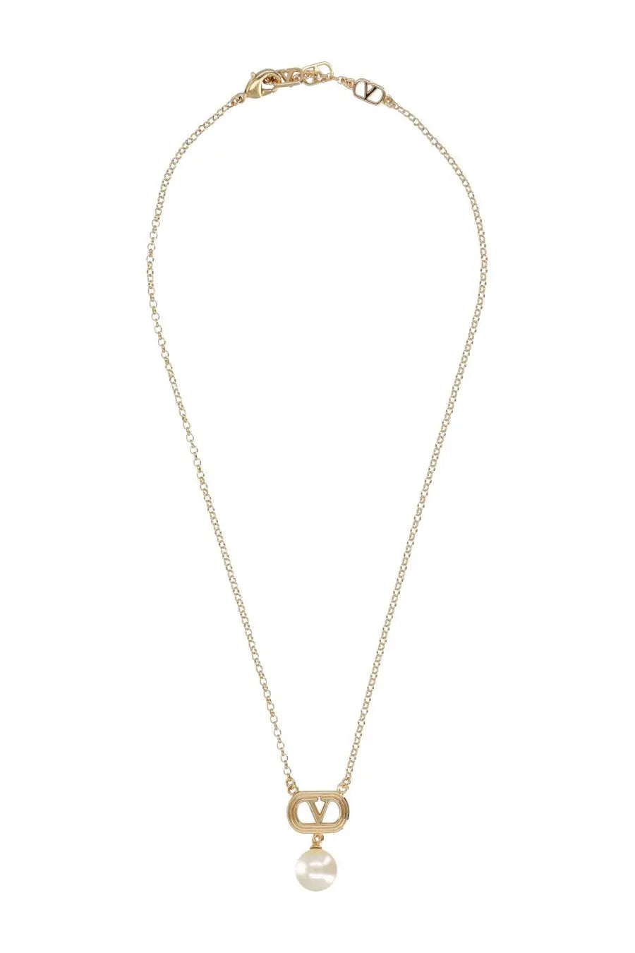Valentino women’s gold-tone chain necklace with rectangular pendant featuring v logo and single white pearl charm
