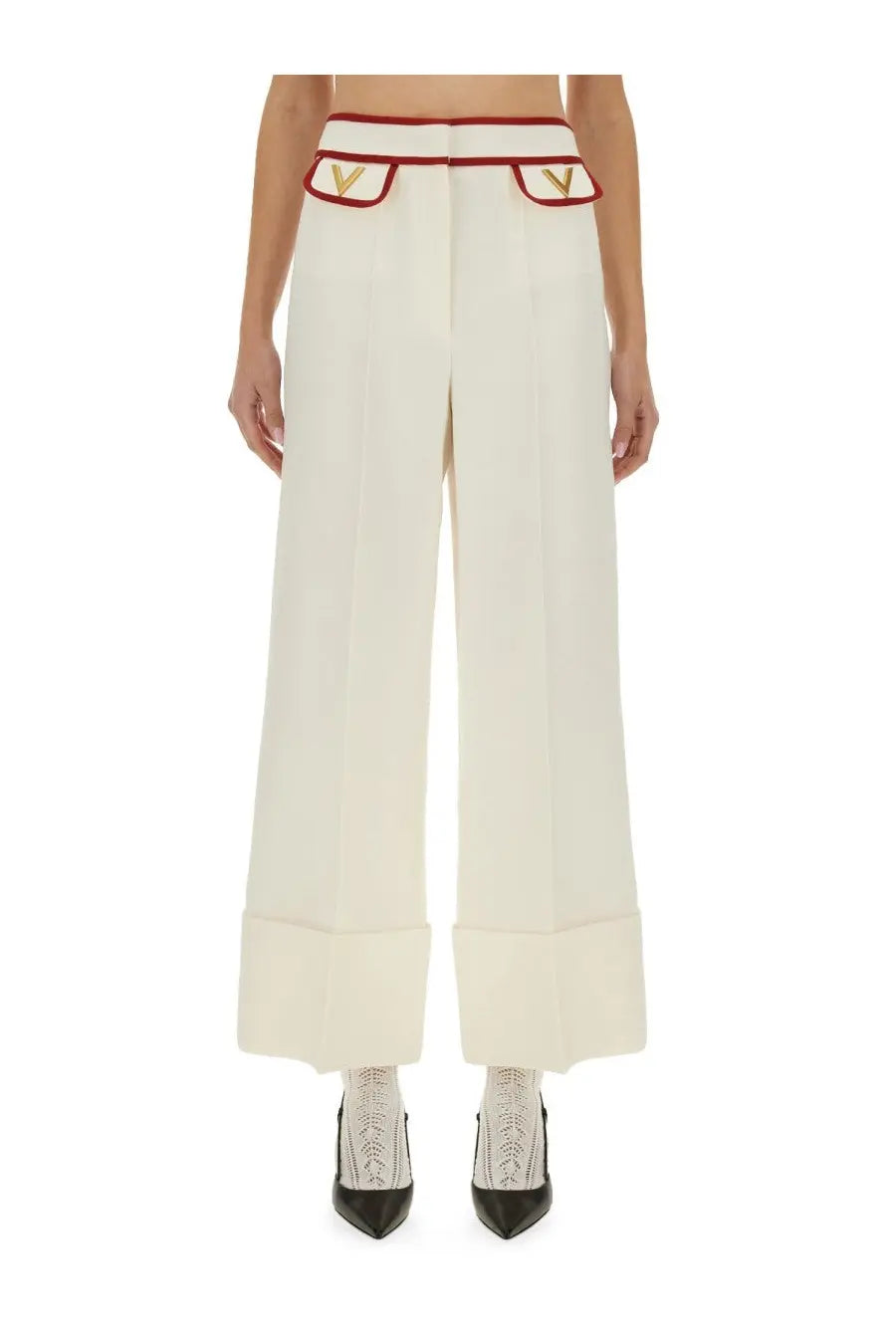 Valentino women’s crepe couture cream wide-leg trousers with red and gold trim and v-shaped logo waistband