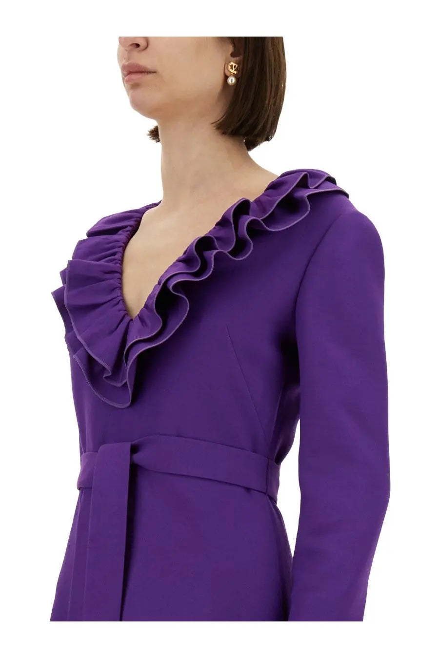 Valentino women’s crepe couture purple short dress with long sleeves ruffled neckline and matching belt