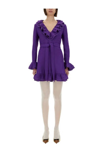 Valentino women’s purple crepe couture short dress with ruffled neckline and long sleeves