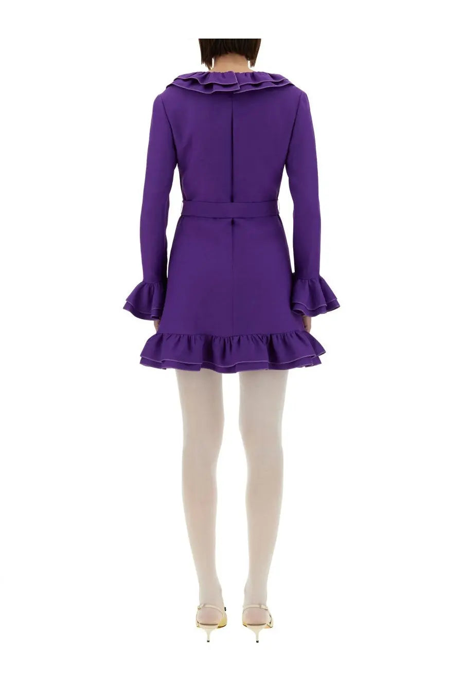 Valentino women’s crepe couture short dress in vibrant purple with ruffled collar cuffs and hemline