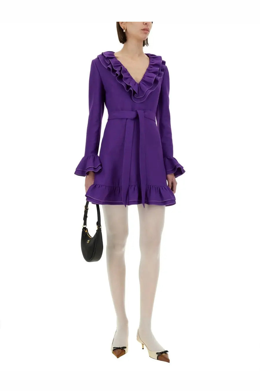 Valentino women’s crepe couture short dress in vibrant purple with ruffled mini design, long sleeves, and belted waist