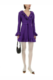 Valentino women’s crepe couture short dress in vibrant purple with ruffled mini design, long sleeves, and belted waist