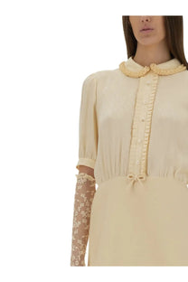 Valentino women’s white crepe short dress with cream color ruffled collar and lace trimmed sleeves