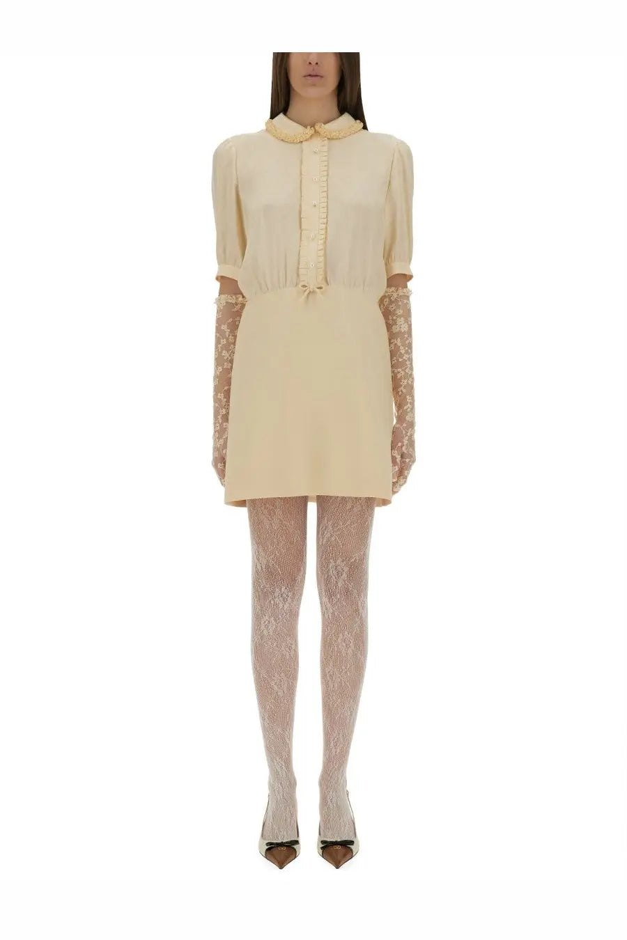 Valentino women’s cream-colored crepe couture short dress with peter pan collar and lace gloves
