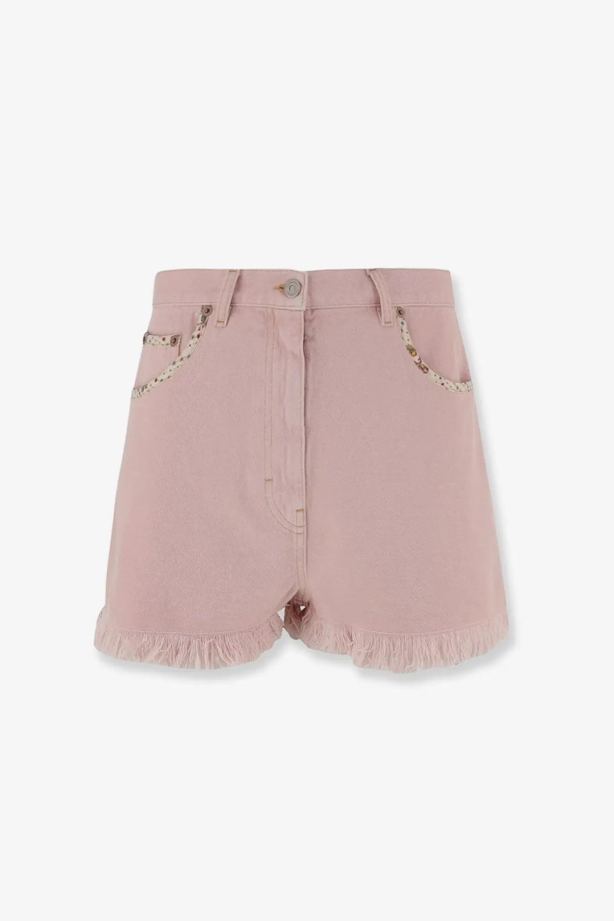 Valentino women’s pink denim shorts with frayed hem and decorative chain detailing on front pockets