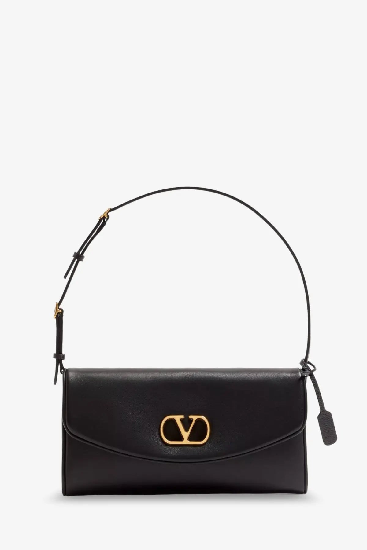 Valentino women’s Devain leather shoulder bag in black with gold-tone logo clasp and adjustable shoulder strap