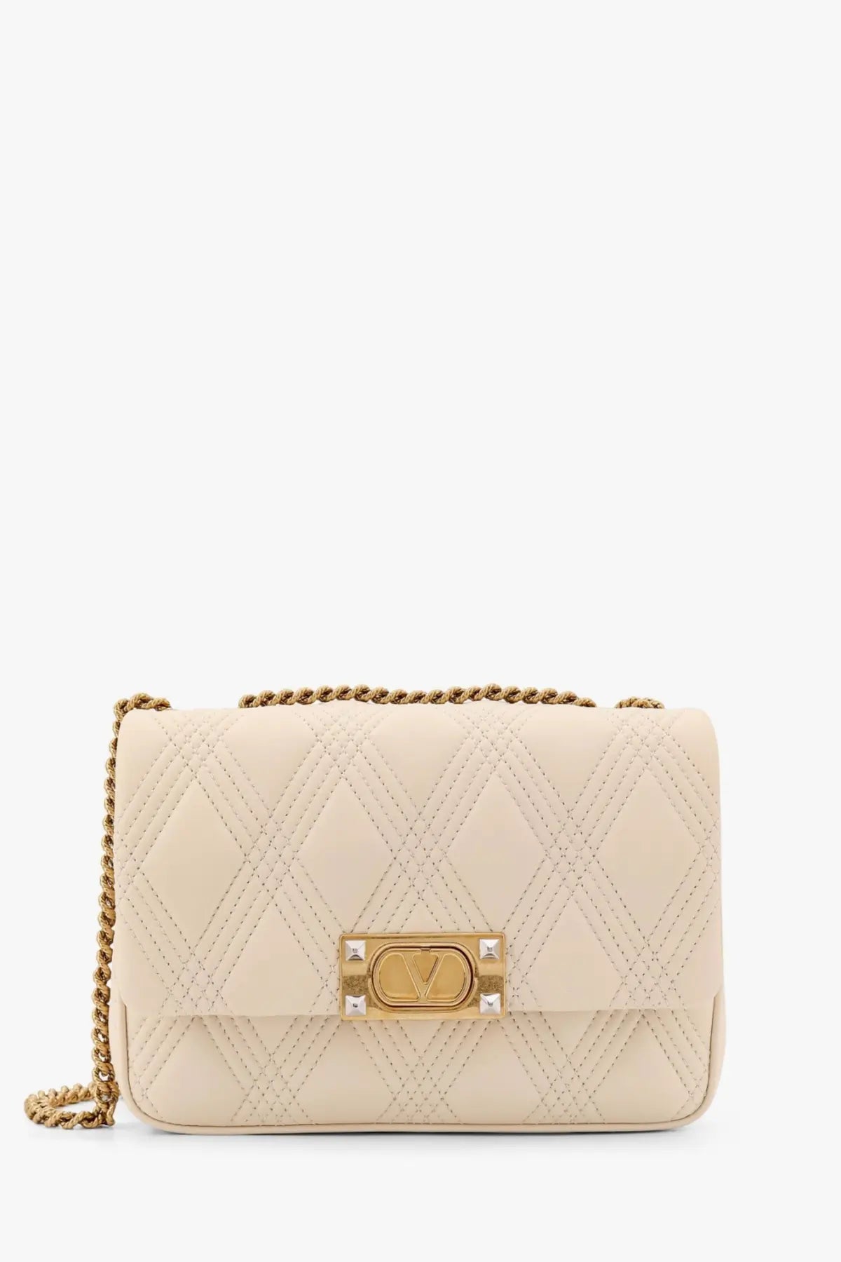 Cream-colored quilted leather Valentino Garavani quiltie medium shoulder bag with gold-tone chain strap and metallic clasp