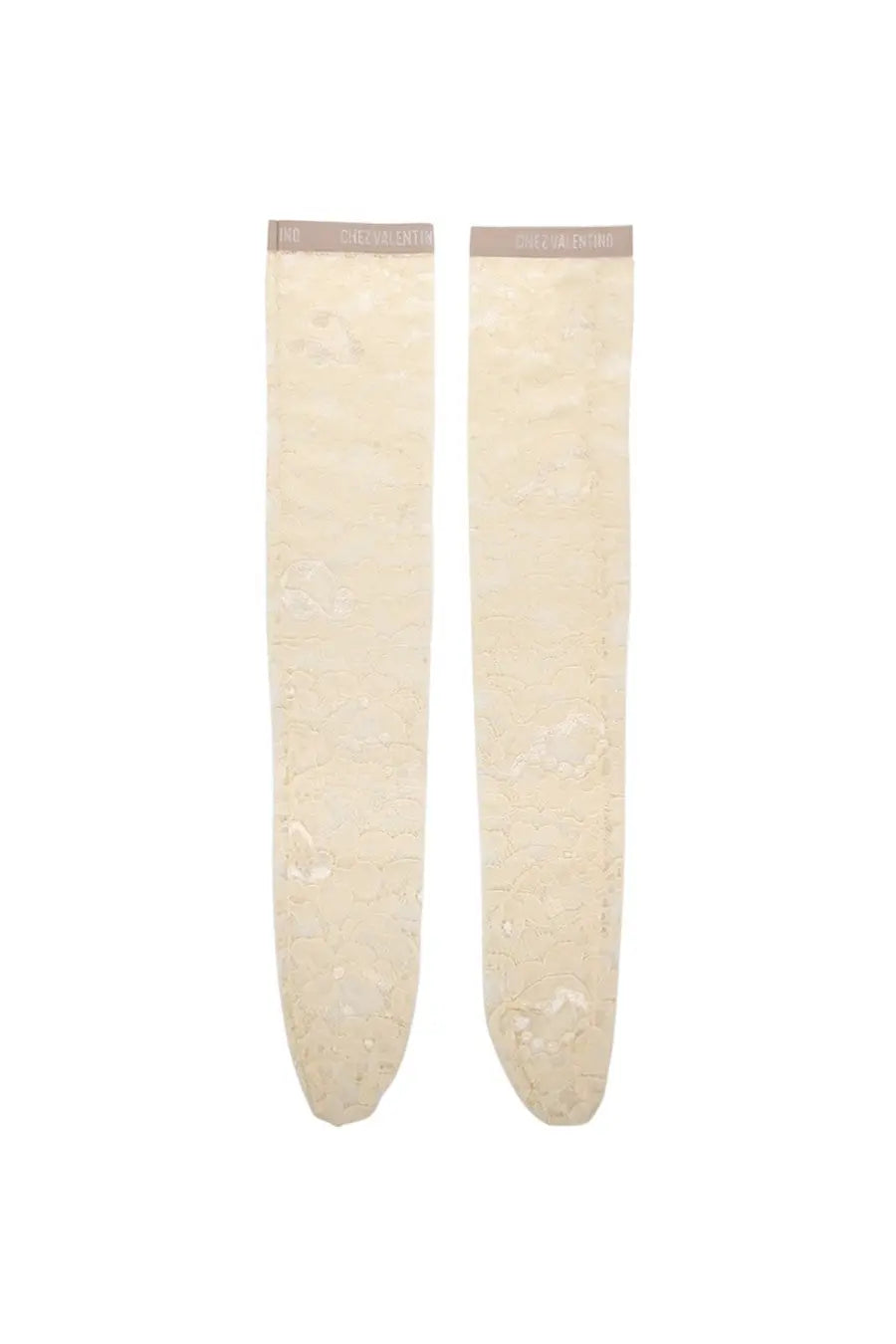 Valentino women’s lace knee high stockings in cream sheer lace with subtle floral pattern and branded elastic cuffs
