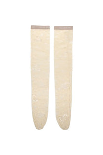 Valentino women’s lace knee high stockings in cream sheer lace with subtle floral pattern and branded elastic cuffs
