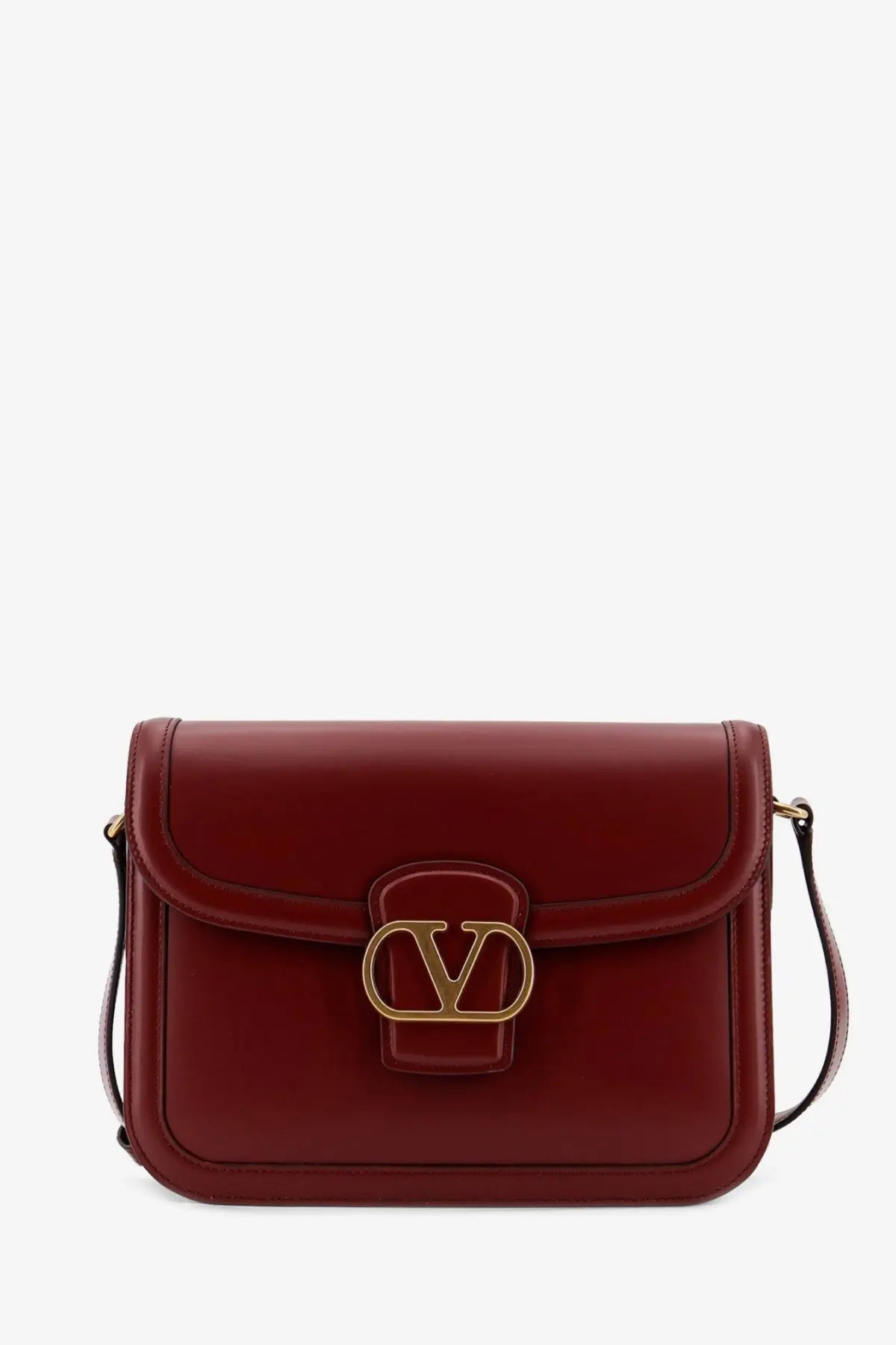 Valentino women’s leather shoulder bag brown in rich burgundy leather with gold-tone vlogo clasp and matching strap