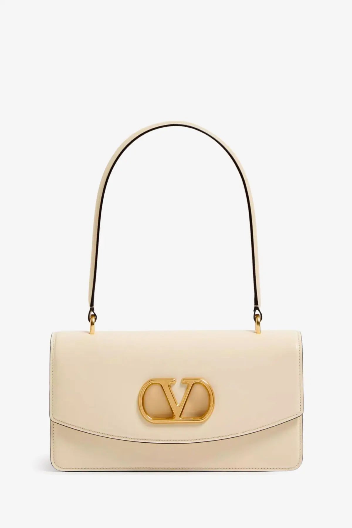 Valentino women’s cream leather vlogo shoulder bag with gold-tone clasp and matching curved handle