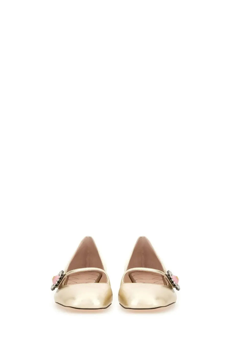 Valentino women’s mary jane ballerina flat shoes in gold metallic kidskin with a pink and black embellished buckle strap