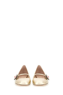 Valentino women’s mary jane ballerina flat shoes in gold metallic kidskin with a pink and black embellished buckle strap