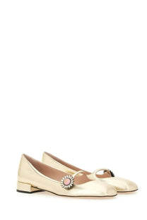 Valentino women’s mary jane preshoes ballerina in kidskin blue featuring gold metallic flats with floral embellishment and stones