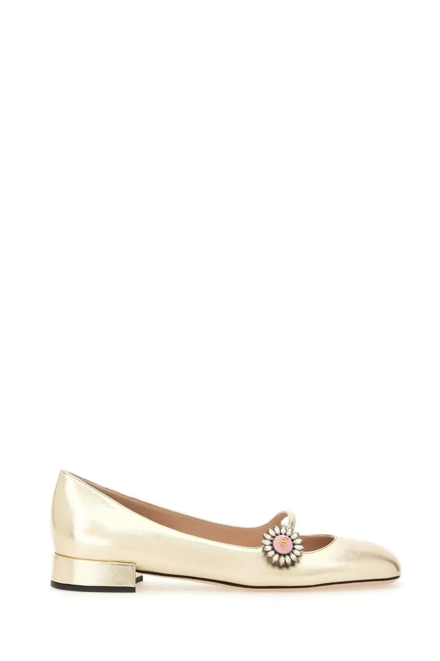 Valentino women’s mary jane preshoes ballerina flat in gold metallic kidskin with pink and silver floral embellishment on toe
