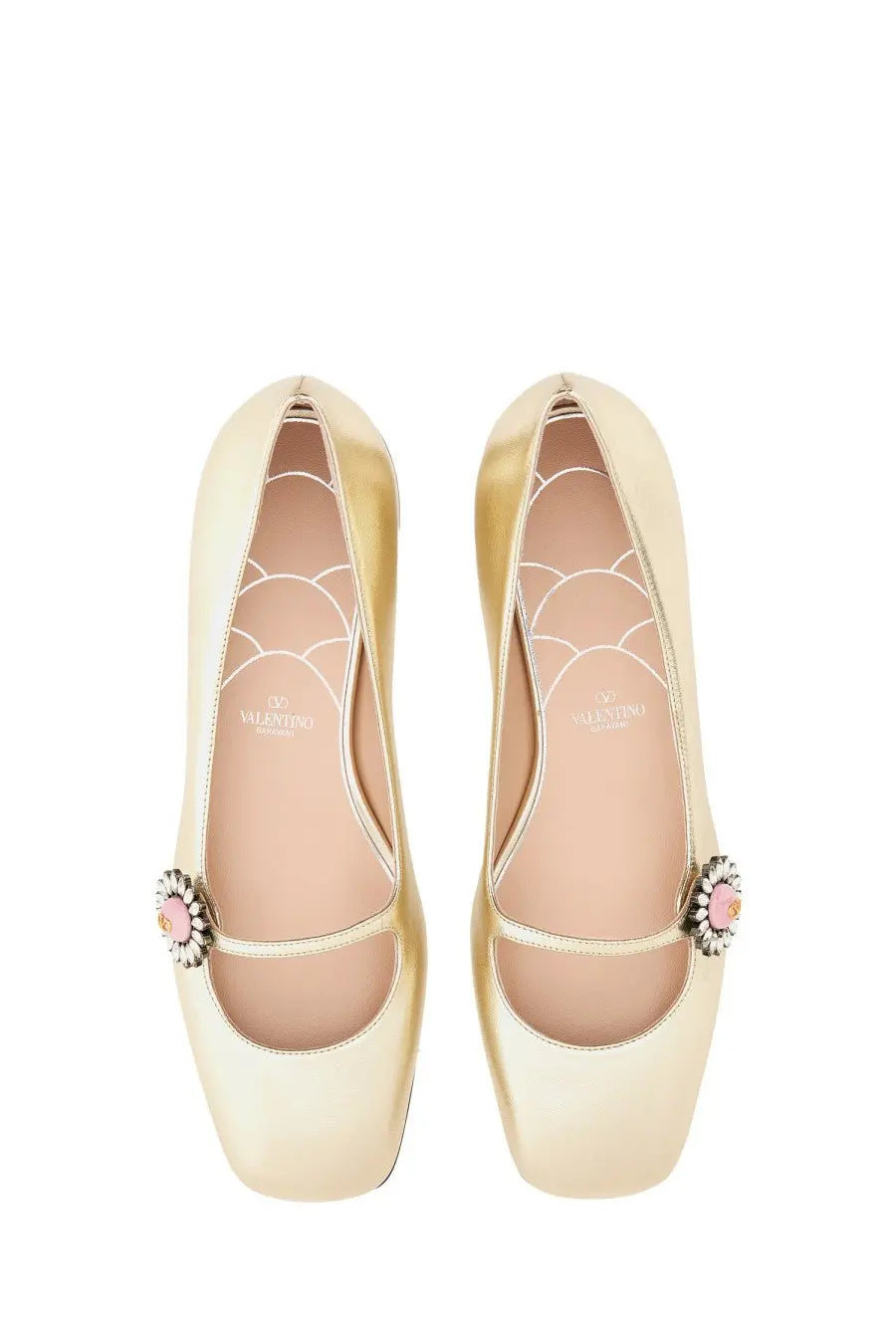 Valentino women’s gold satin mary jane flats with pink and silver floral embellishment on kidskin blue strap